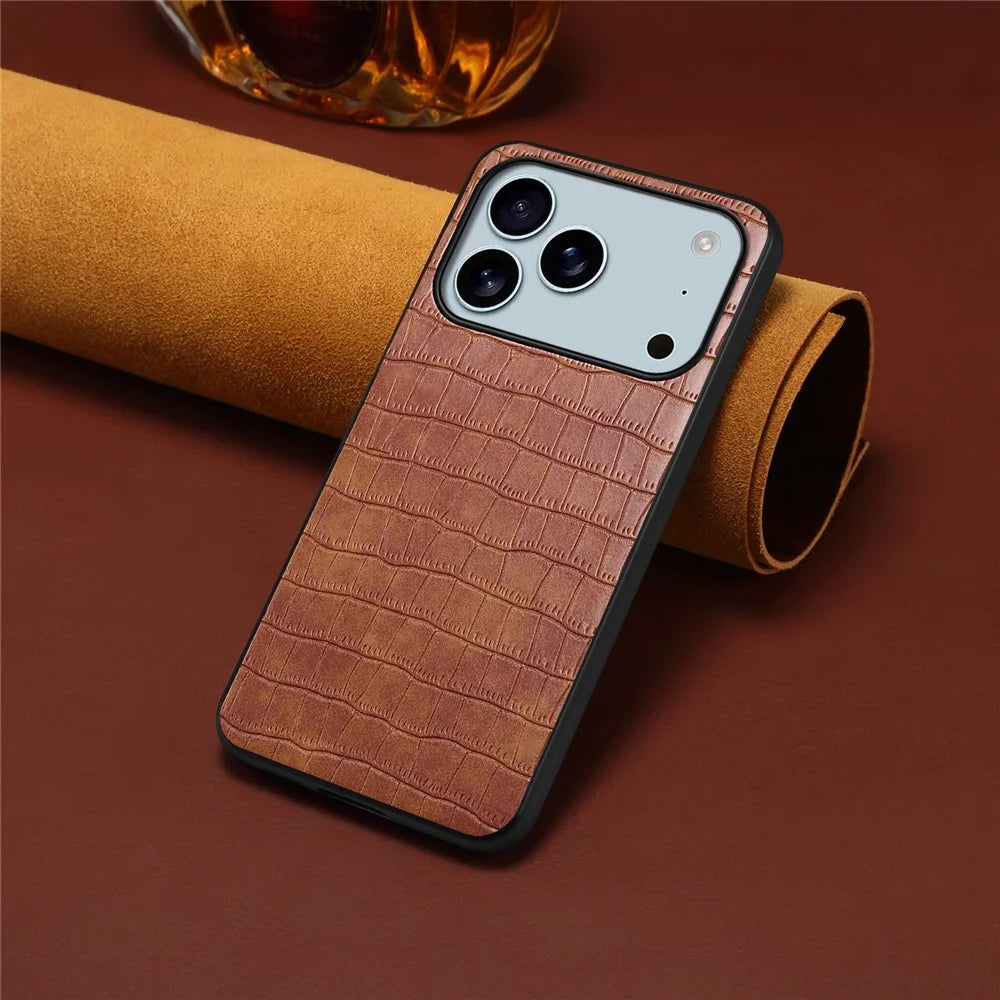 For iPhone 17 Pro Case Crocodile Texture Design Leather Slim Back Cover - Brown - 4