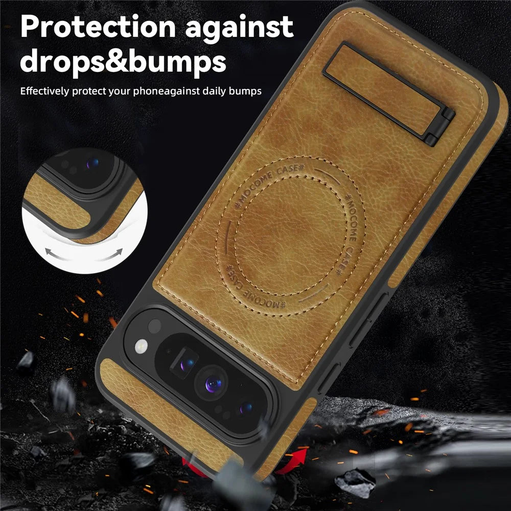For Google Pixel 10 Pro XL Magnetic Case with Folded Kickstand PC Silicone Leather Phone Back Cover - Brown - 5