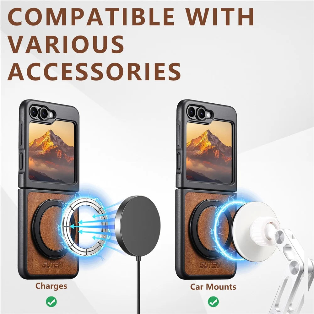 SUTENI G3 For Samsung Galaxy Z Flip7 FE 5G / Z Flip6 5G Magnetic Case Waxy Texture Rotating Kickstand Leather Phone Back Cover - Brown - 7