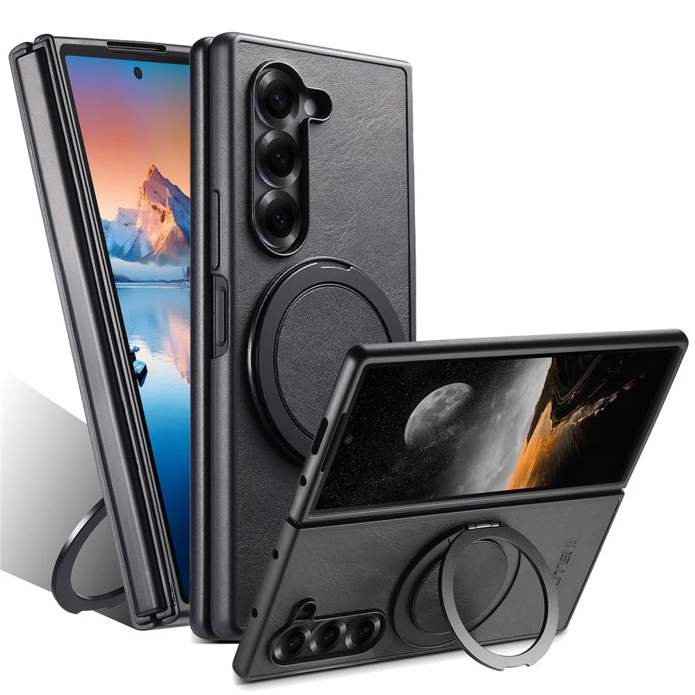SUTENI G3 For Samsung Galaxy Z Fold6 5G Magnetic Case Waxy Texture Rotating Kickstand Leather Phone Back Cover - Black - 1