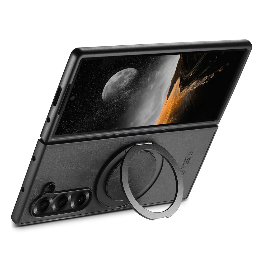 SUTENI G3 For Samsung Galaxy Z Fold6 5G Magnetic Case Waxy Texture Rotating Kickstand Leather Phone Back Cover - Black - 2