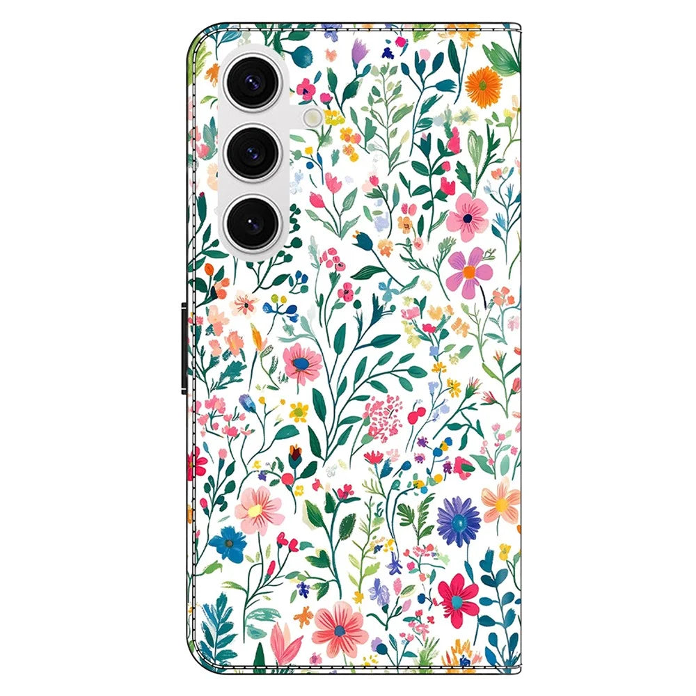 For Samsung Galaxy S25 Case Wallet Stand Pattern Printing PU Leather Flip Phone Cover - Small Flowerbed - 7