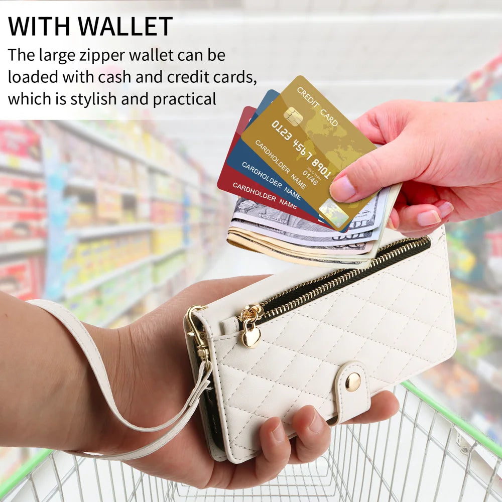 For iPhone 16 Pro Wallet Case with Straps, Rhombus Leather Stand Phone Cover - White - 3