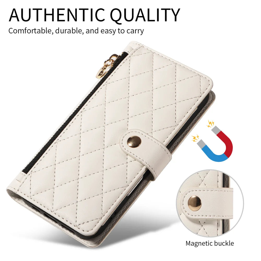 For iPhone 16 Pro Wallet Case with Straps, Rhombus Leather Stand Phone Cover - White - 6