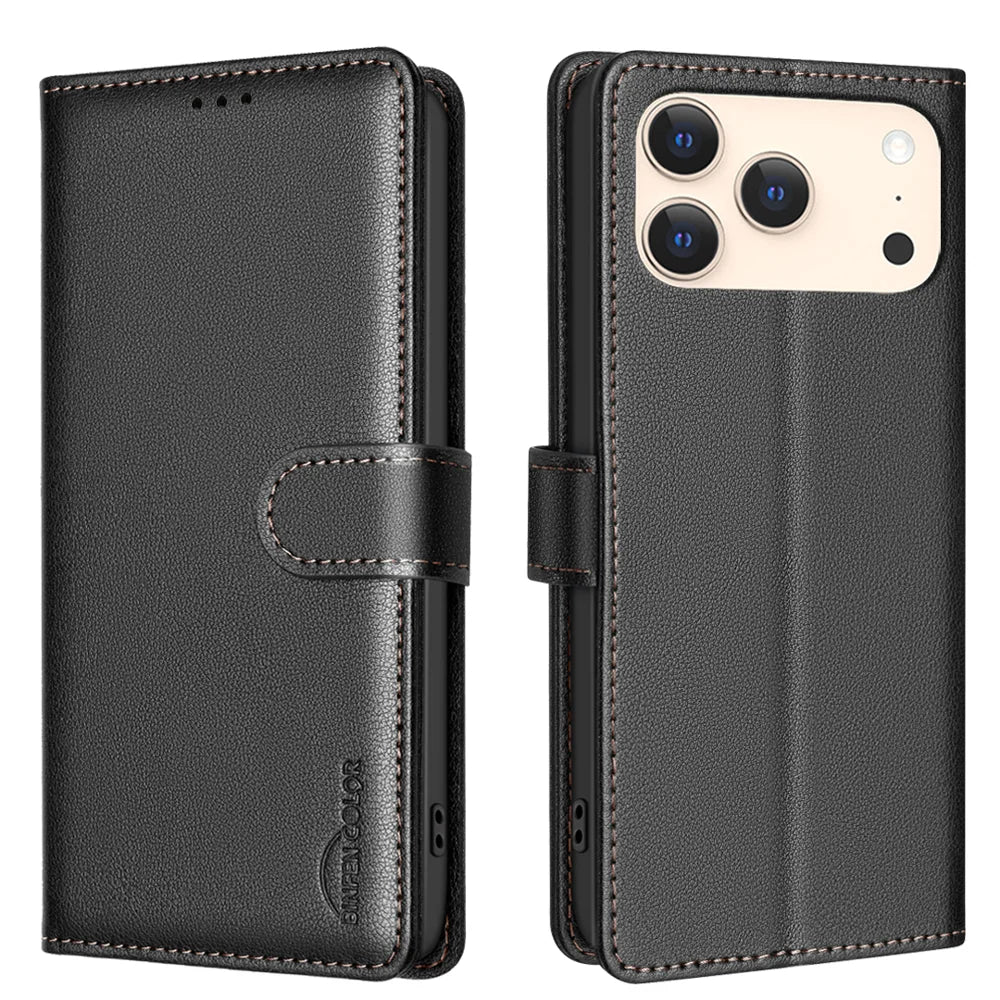 BINFEN COLOR For iPhone 18 Pro / 17 Pro Leather Case  BF32 Wallet RFID Blocking Phone Cover - Black - 1