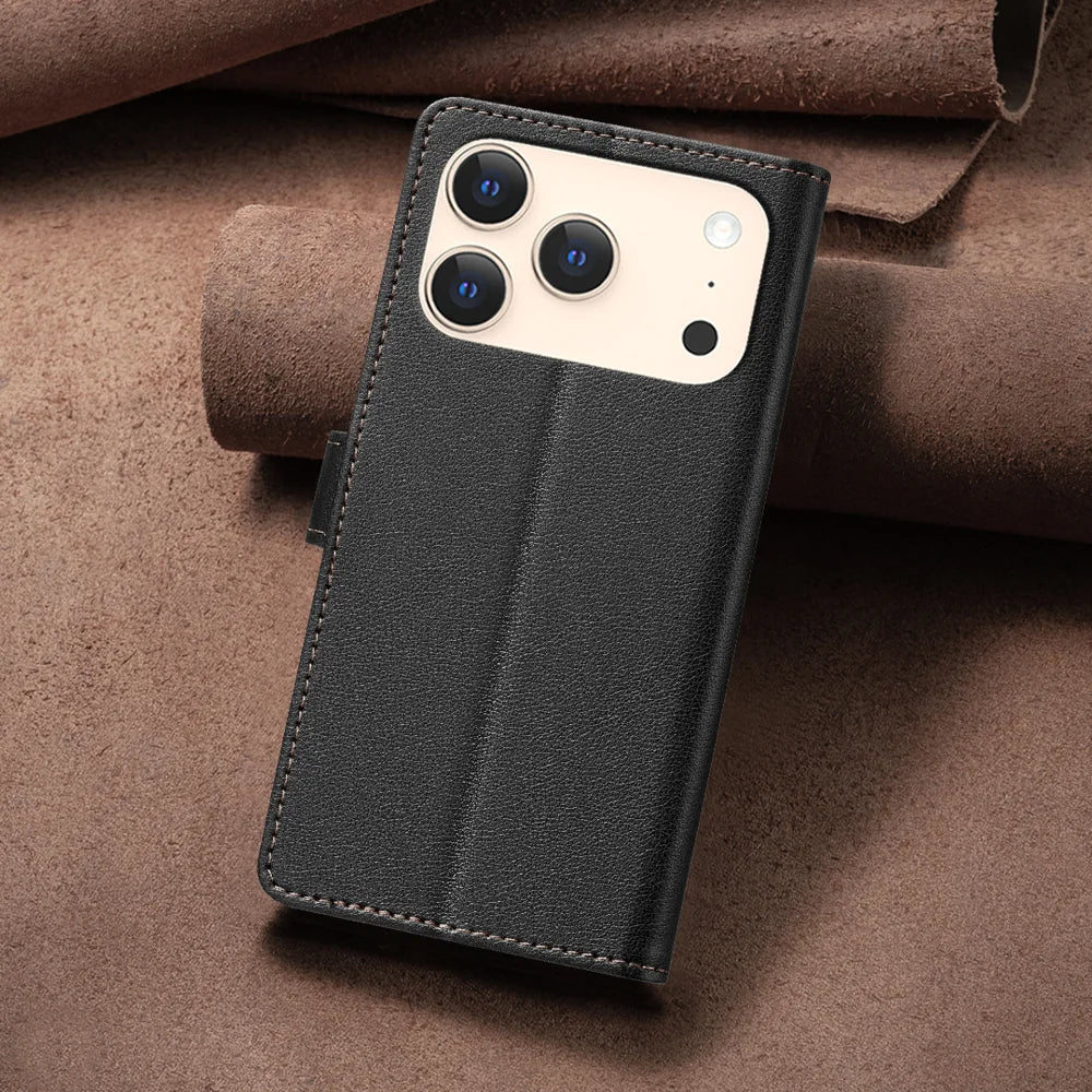 BINFEN COLOR For iPhone 18 Pro / 17 Pro Leather Case  BF32 Wallet RFID Blocking Phone Cover - Black - 7