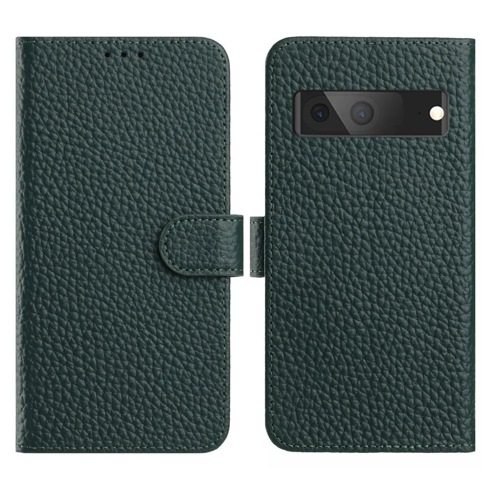 For Google Pixel 7a Case Wallet Stand Litchi Texture Genuine Cow Leather Flip Phone Cover - Green - 1