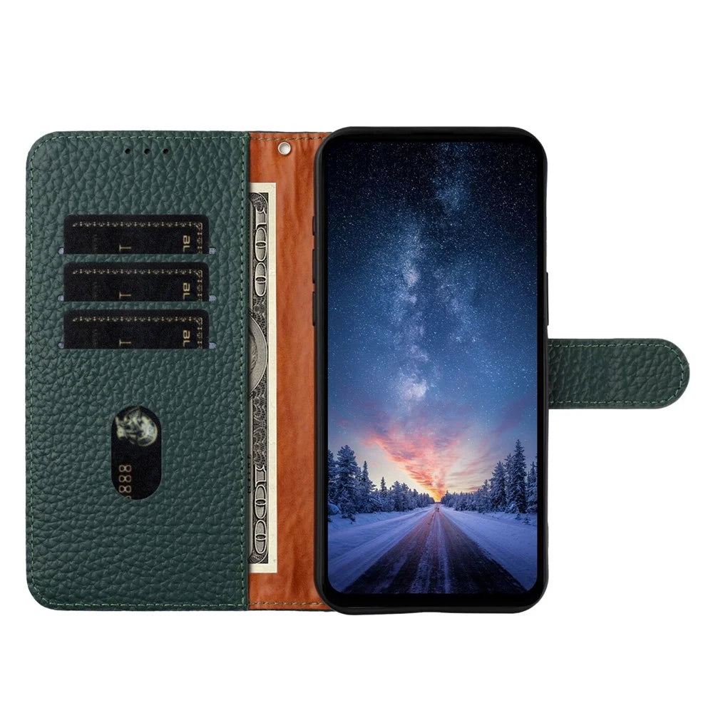 For Samsung Galaxy S23+ Case Wallet Stand Litchi Texture Genuine Cow Leather Flip Phone Cover - Green - 3