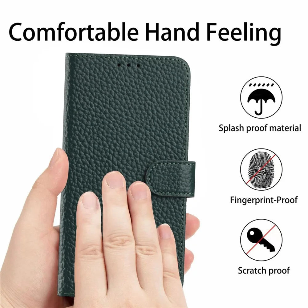 For Samsung Galaxy S23+ Case Wallet Stand Litchi Texture Genuine Cow Leather Flip Phone Cover - Green - 5