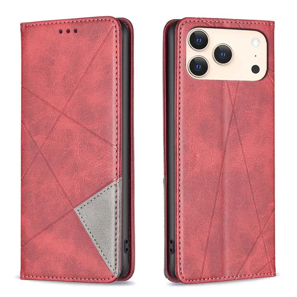 For iPhone 18 Pro / 17 Pro Case Card Slots Geometry Imprint Leather Phone Cover - Red - 1