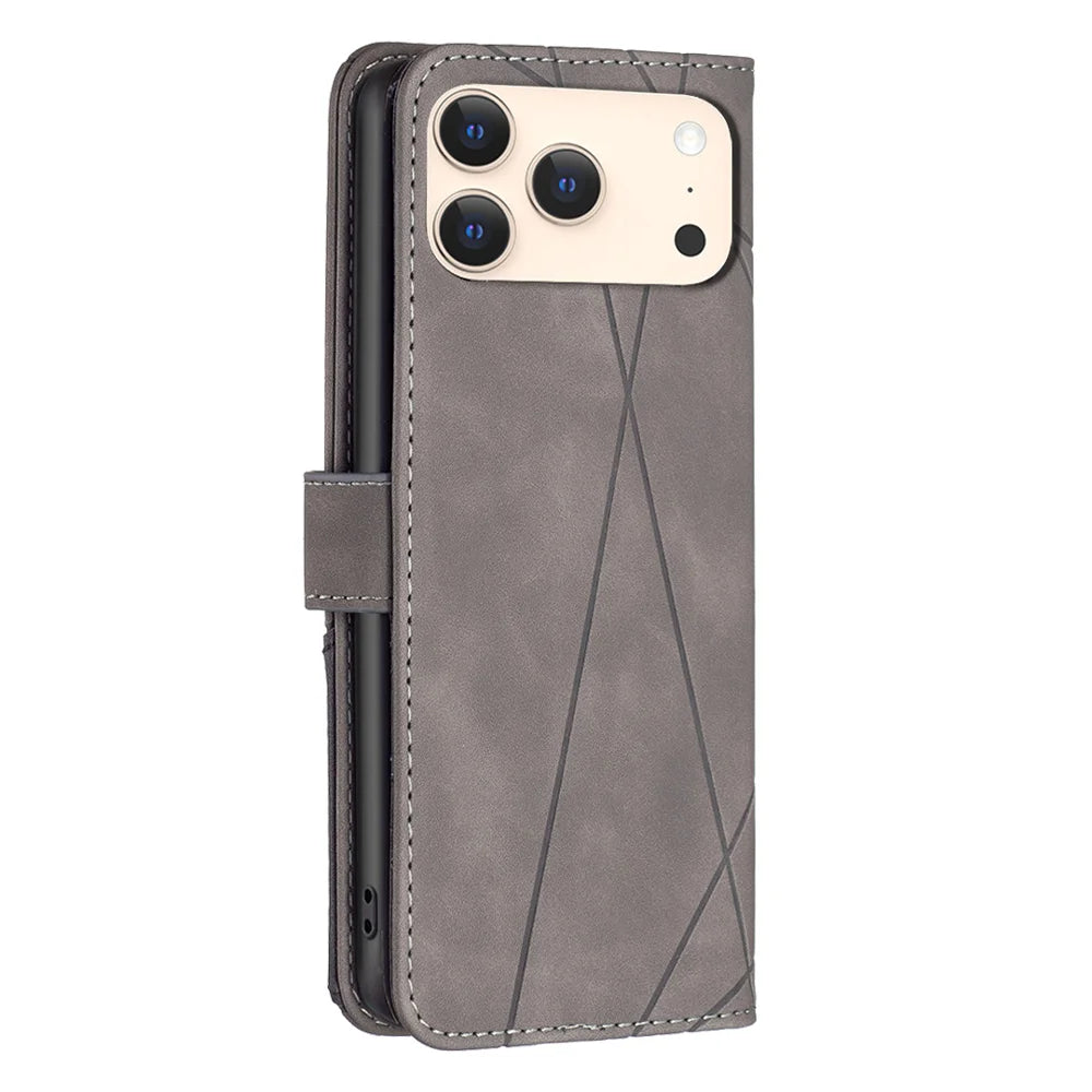 BINFEN COLOR For iPhone 18 Pro / 17 Pro Phone Case  Wallet Stand Geometry Imprinted Leather Cover - Grey - 3