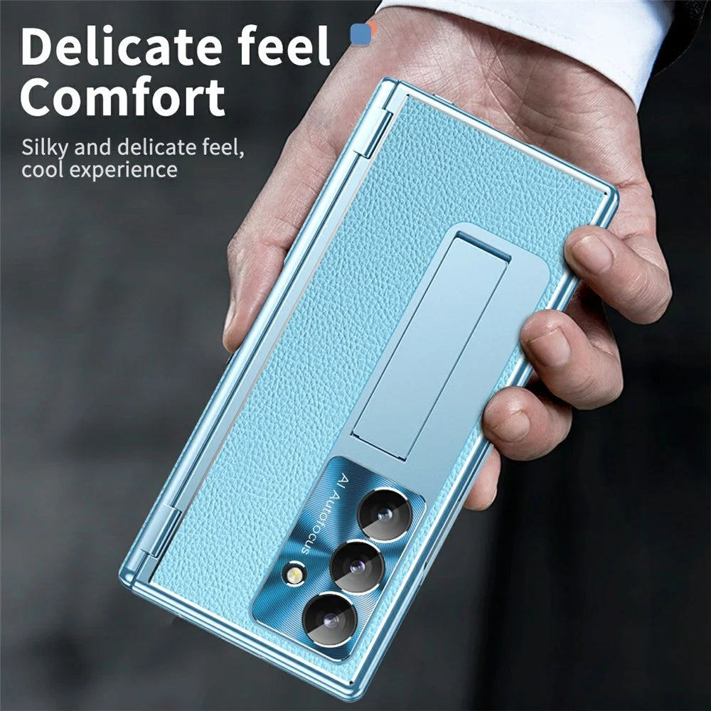 For Samsung Galaxy Z Fold7 5G Case Hinge Protection PU + PC Phone Cover with Tempered Glass Film / Stylus - Blue - 5