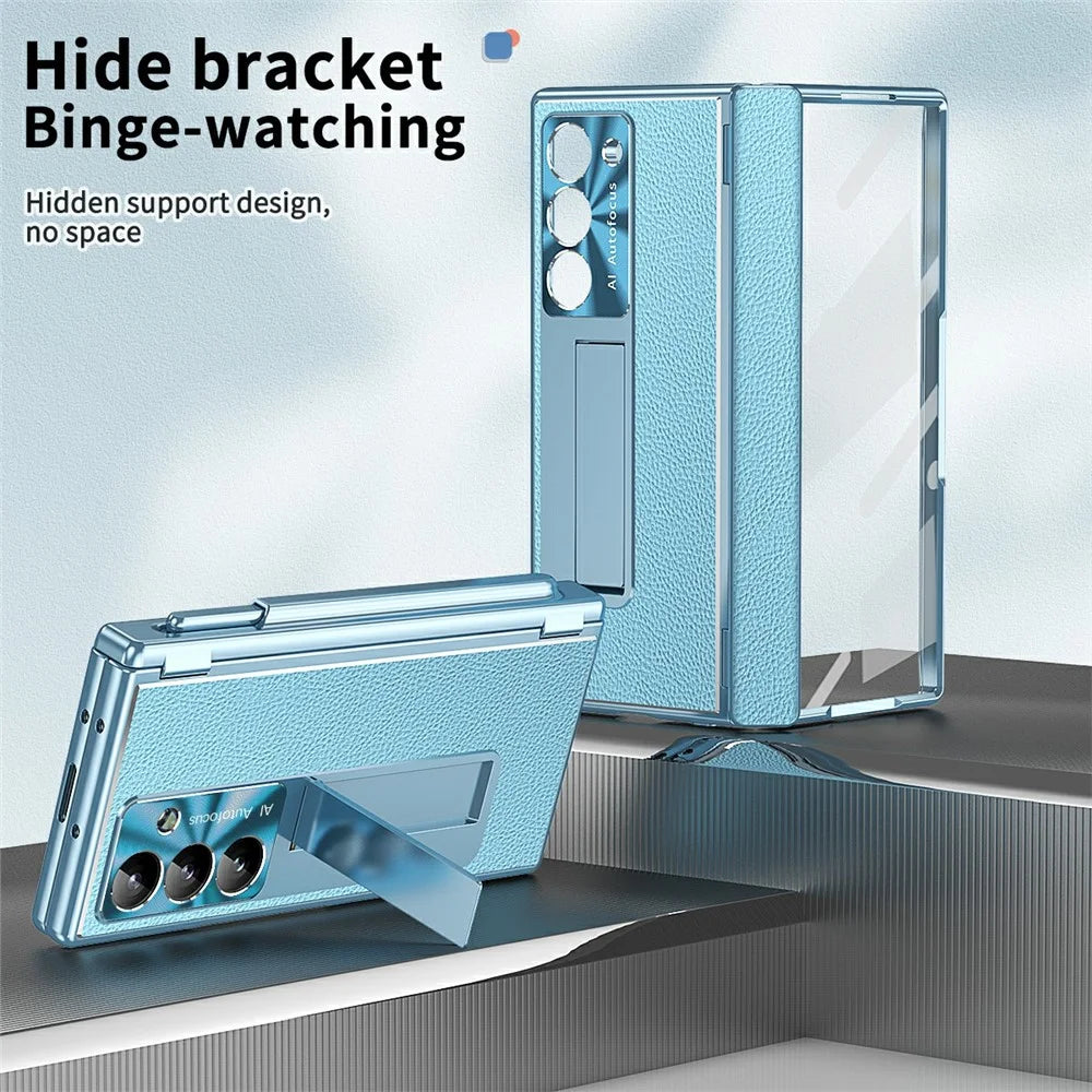 For Samsung Galaxy Z Fold7 5G Case Hinge Protection PU + PC Phone Cover with Tempered Glass Film / Stylus - Blue - 6