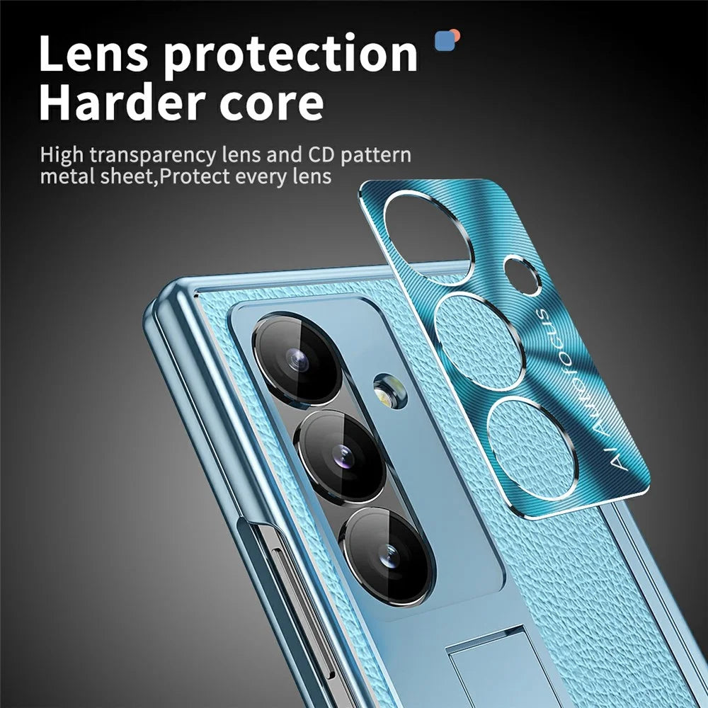 For Samsung Galaxy Z Fold7 5G Case Hinge Protection PU + PC Phone Cover with Tempered Glass Film / Stylus - Blue - 7