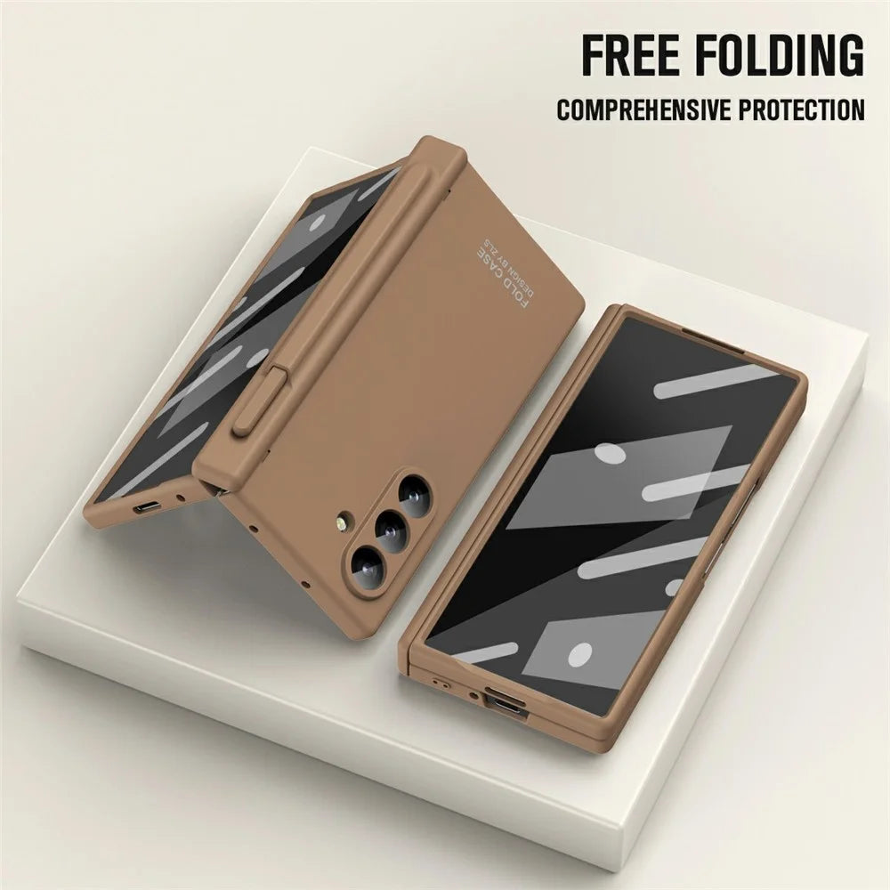 For Samsung Galaxy Z Fold7 5G Case Folding PC Phone Cover with Stylus / Tempered Glass Film - Brown - 5