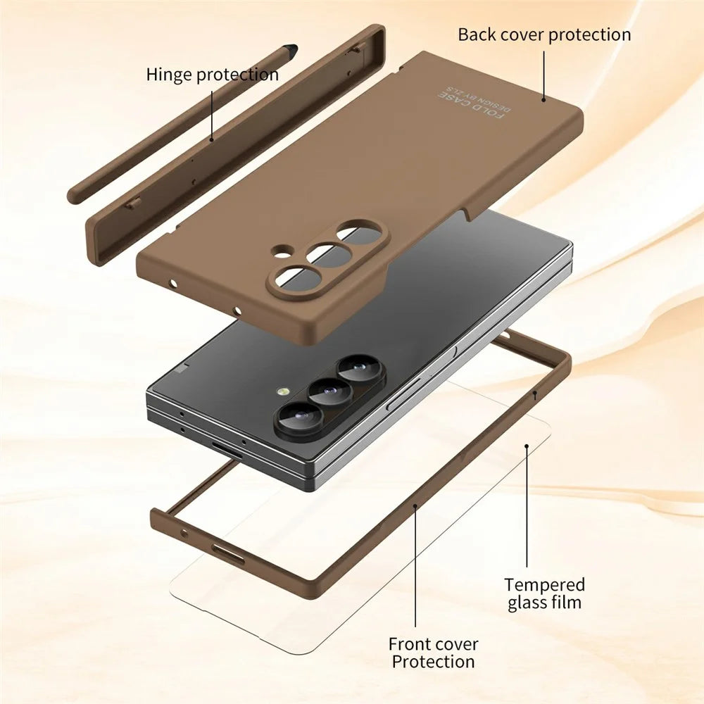 For Samsung Galaxy Z Fold7 5G Case Folding PC Phone Cover with Stylus / Tempered Glass Film - Brown - 7