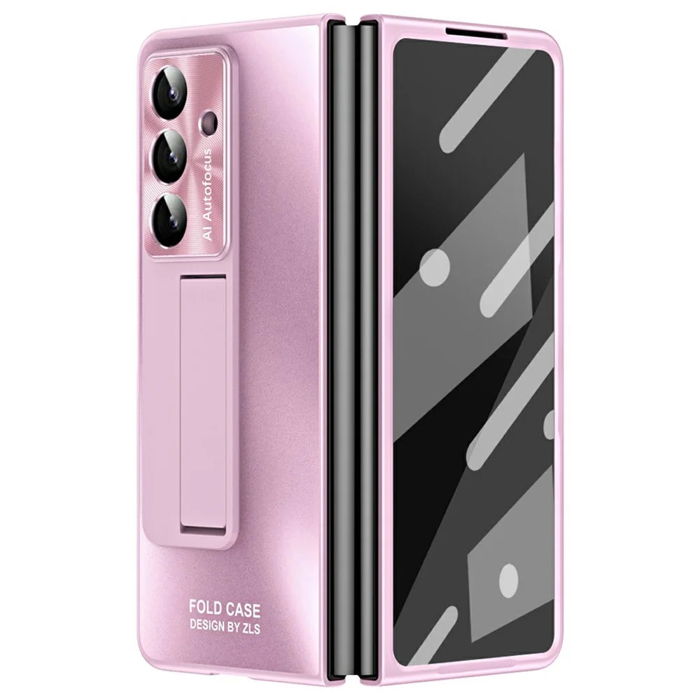 For Samsung Galaxy Z Fold7 5G Case Kickstand Matte PC Phone Cover with Tempered Glass Film - Pink - 1