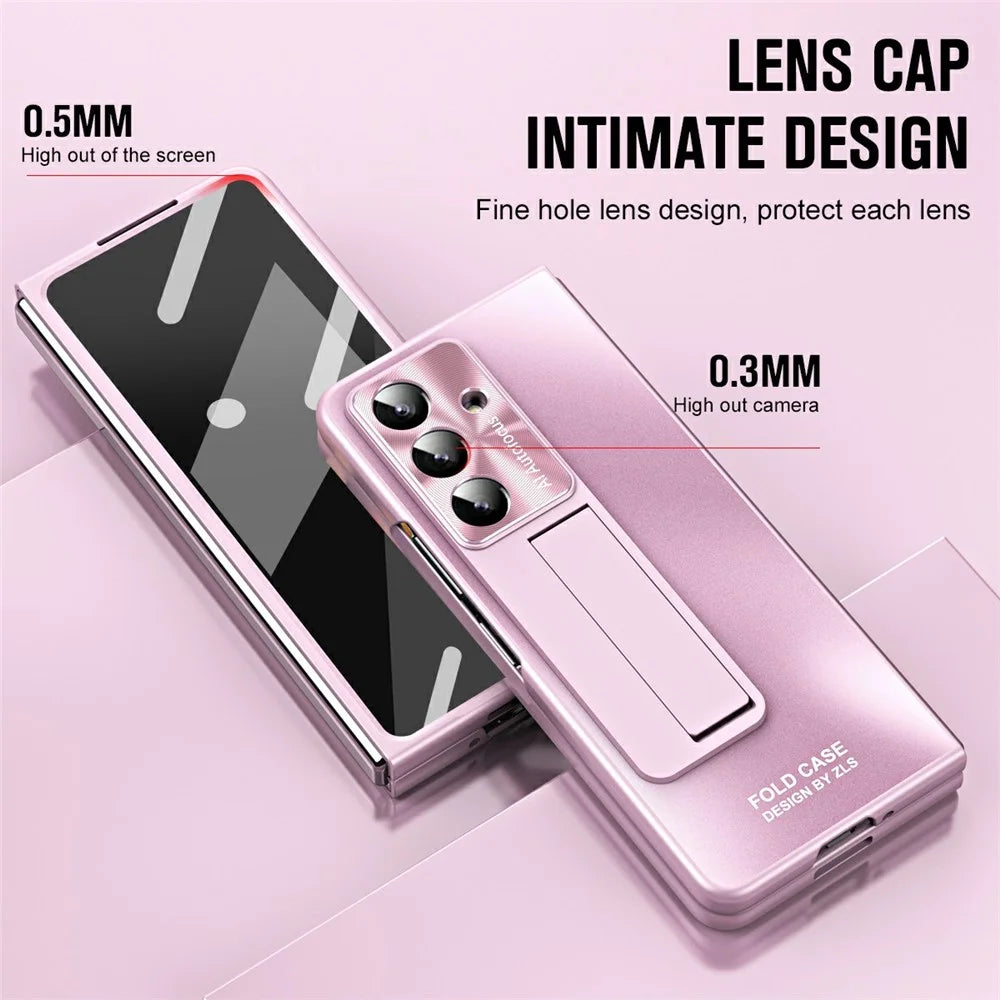 For Samsung Galaxy Z Fold7 5G Case Kickstand Matte PC Phone Cover with Tempered Glass Film - Pink - 3