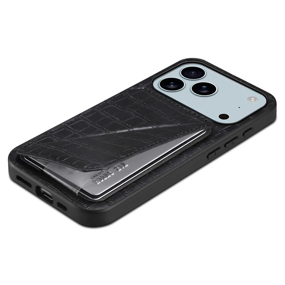 For iPhone 17 Pro Case with Card Holder Leather + PC + TPU Crocodile Textured Back Cover - Black - 4