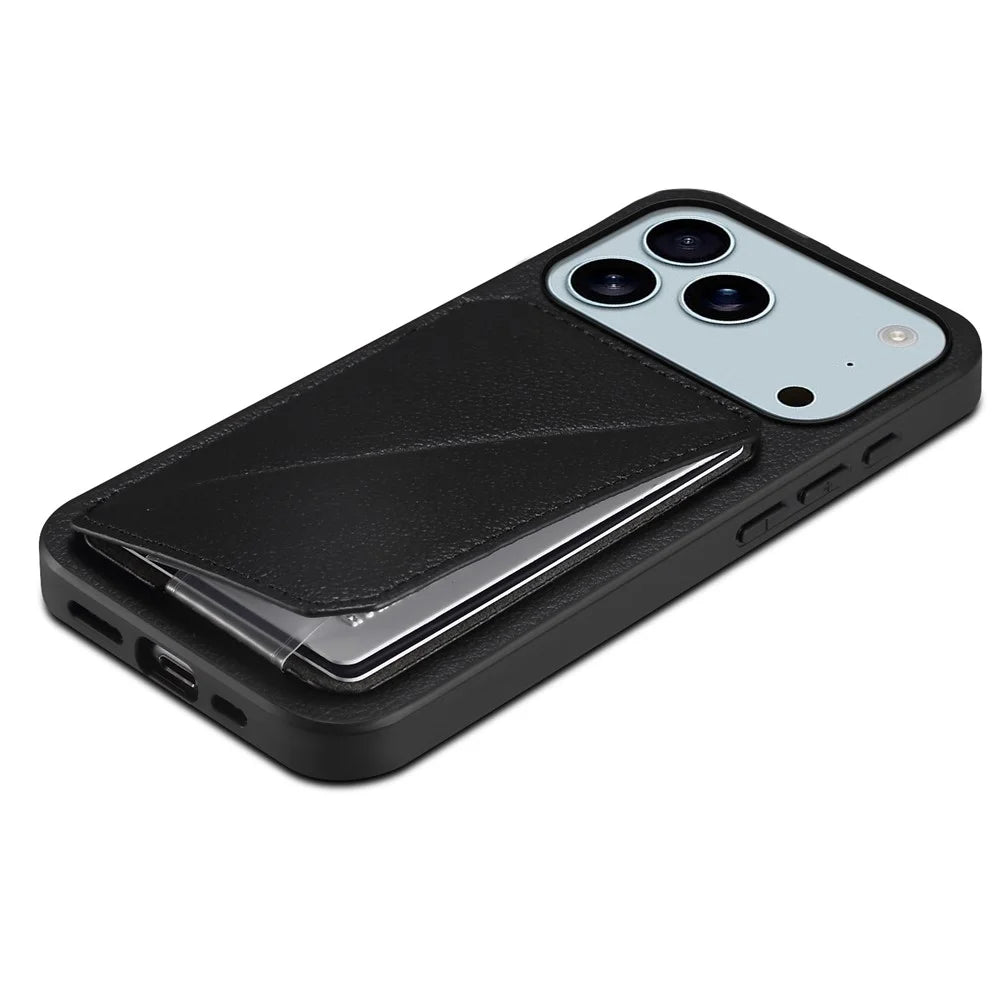 For iPhone 17 Pro Case Card Holder Kickstand Calf Textured Leather + PC + TPU Phone Cover - Black - 4