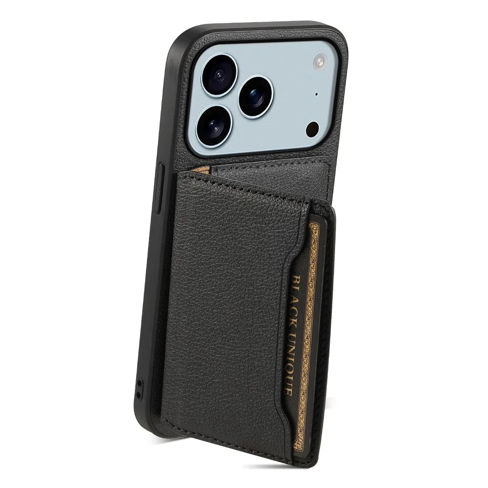 For iPhone 17 Pro Case with Card Slots Kickstand Calf Texture Leather Phone Back Cover - Black - 2