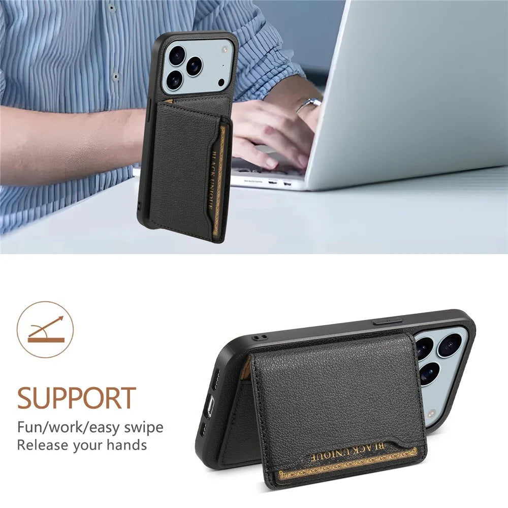 For iPhone 17 Pro Case with Card Slots Kickstand Calf Texture Leather Phone Back Cover - Black - 5