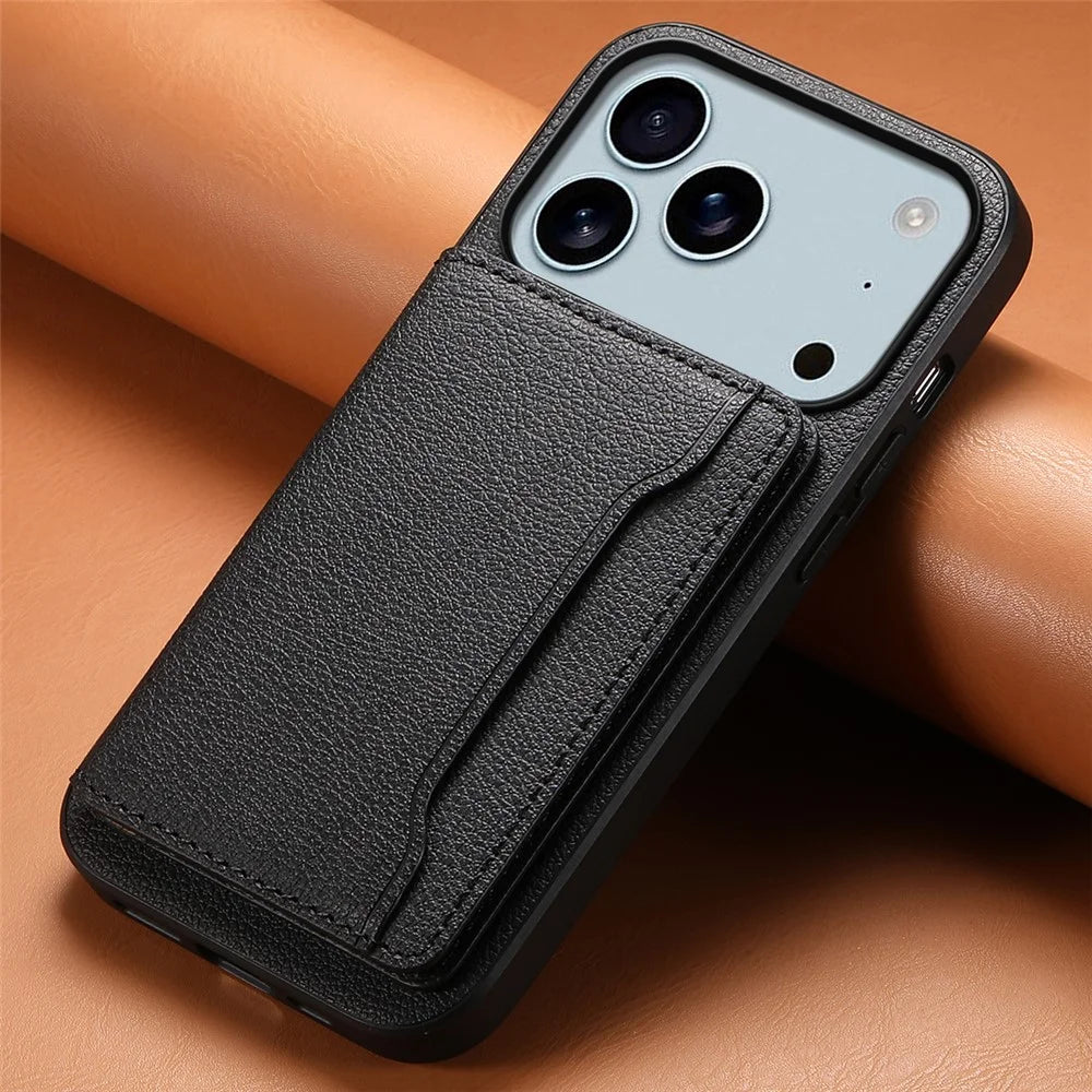 For iPhone 17 Pro Case with Card Slots Kickstand Calf Texture Leather Phone Back Cover - Black - 6