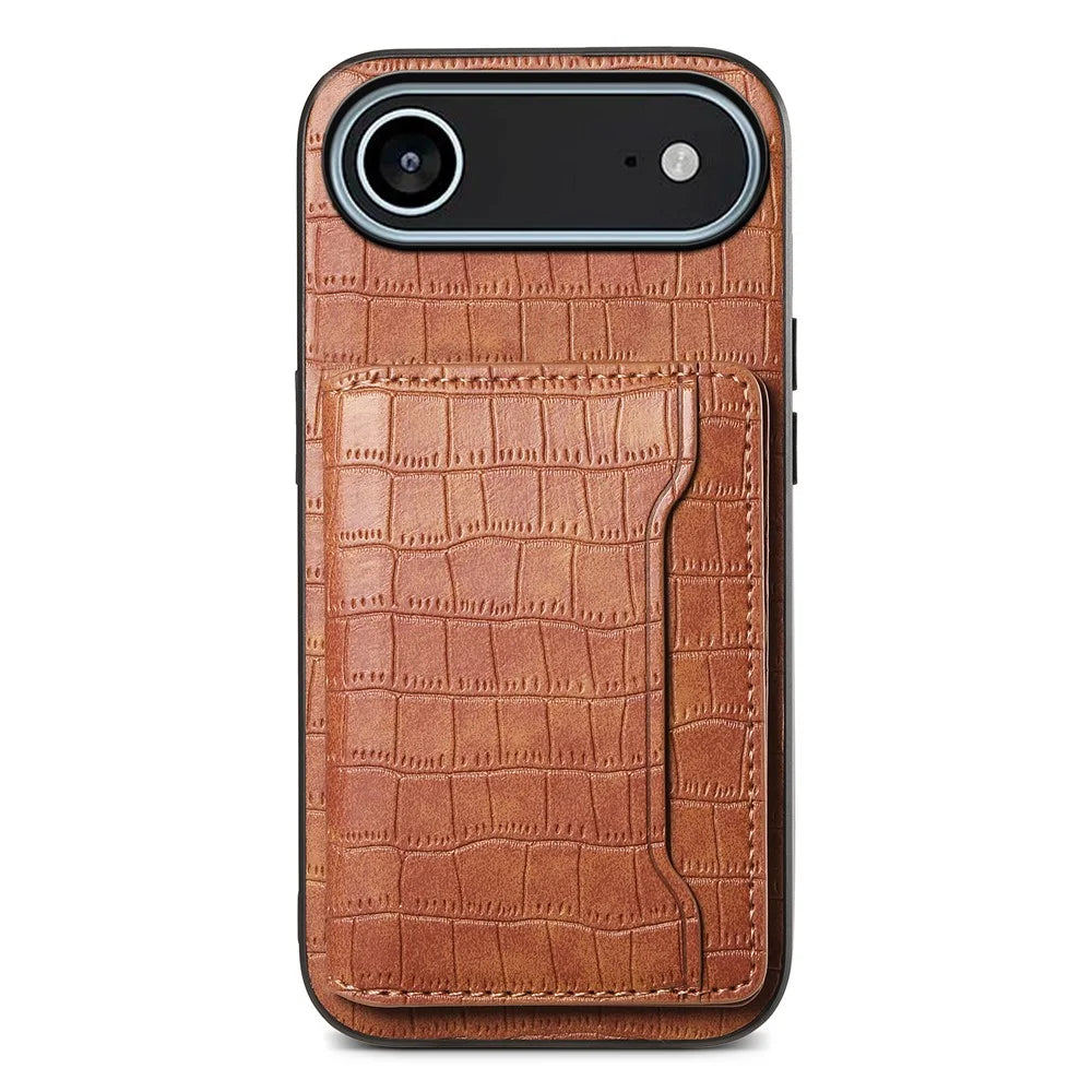 For iPhone Air Case Card Holder Kickstand Crocodile Texture Leather Back Phone Cover - Brown - 1