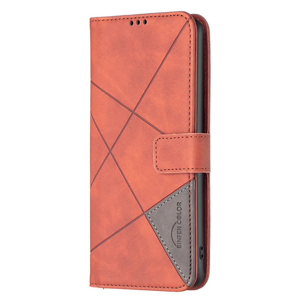 BINFEN COLOR For Samsung Galaxy S25 FE Phone Case  Wallet Stand Geometry Imprinted Leather Cover - Brown - 2