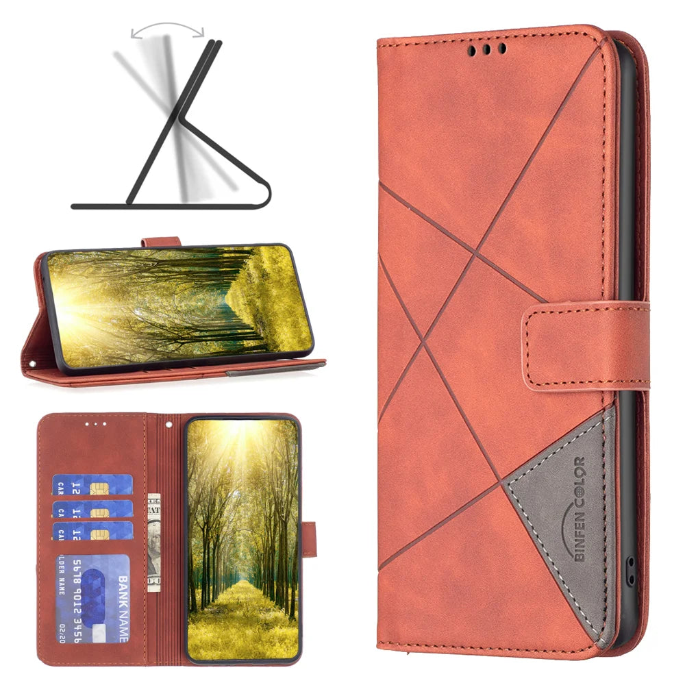 BINFEN COLOR For Samsung Galaxy S25 FE Phone Case  Wallet Stand Geometry Imprinted Leather Cover - Brown - 4