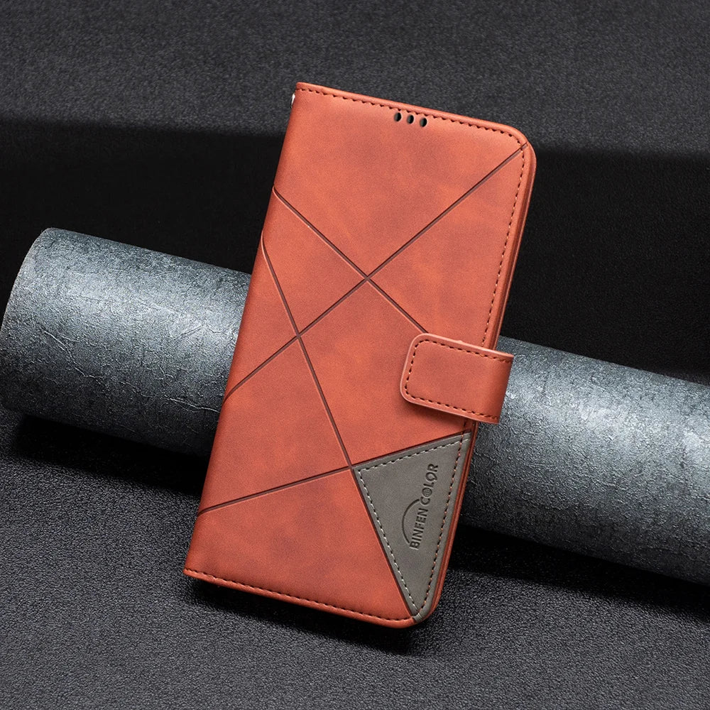 BINFEN COLOR For Samsung Galaxy S25 FE Phone Case  Wallet Stand Geometry Imprinted Leather Cover - Brown - 7