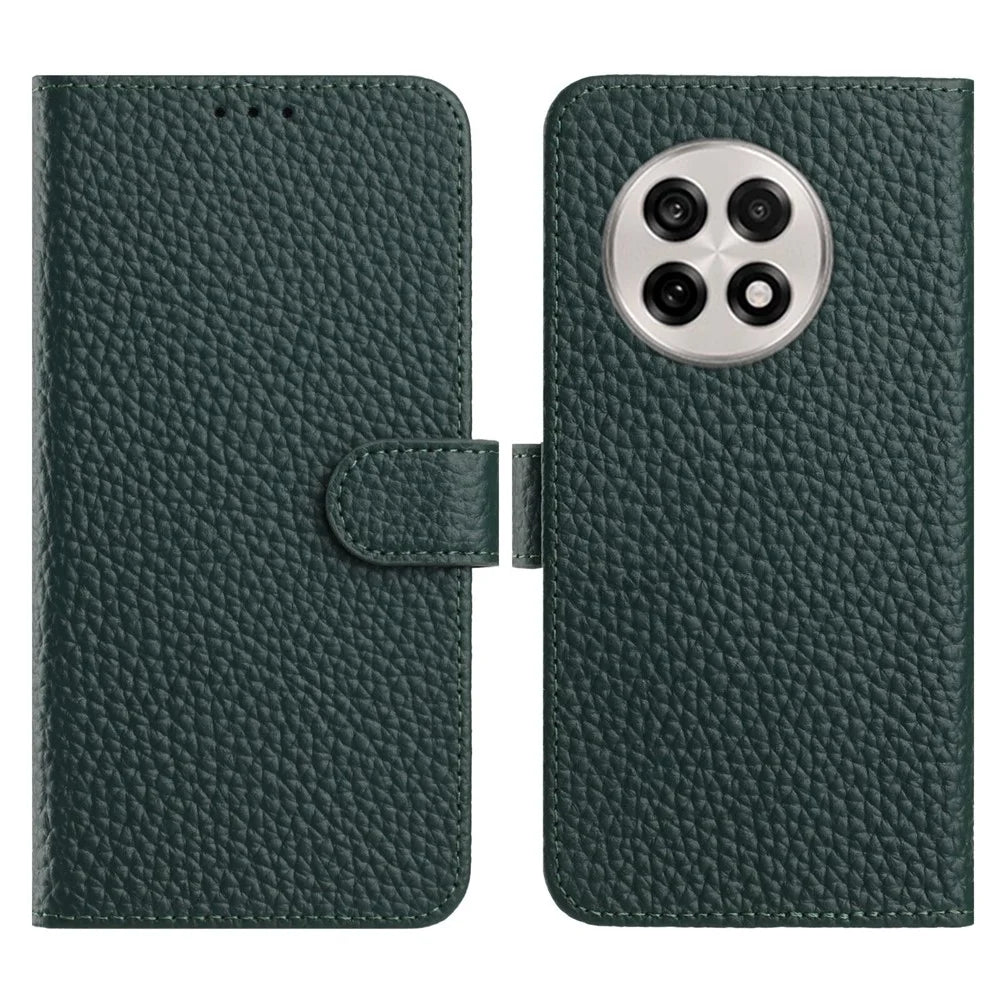 For OnePlus 13 Case Wallet Stand Litchi Texture Genuine Cow Leather Flip Phone Cover - Green - 1