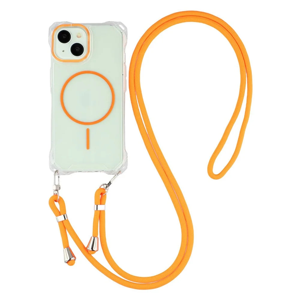 For iPhone 14 Magnetic Case with Lanyard Drop-Proof TPU + PC Phone Back Cover - Orange - 1