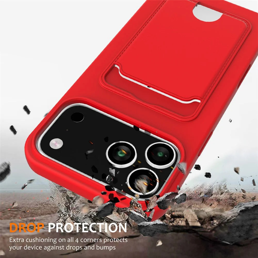 For iPhone 17 Pro Max Case Liquid Silicone Card Holder Back Phone Cover with Lanyard - Red - 2