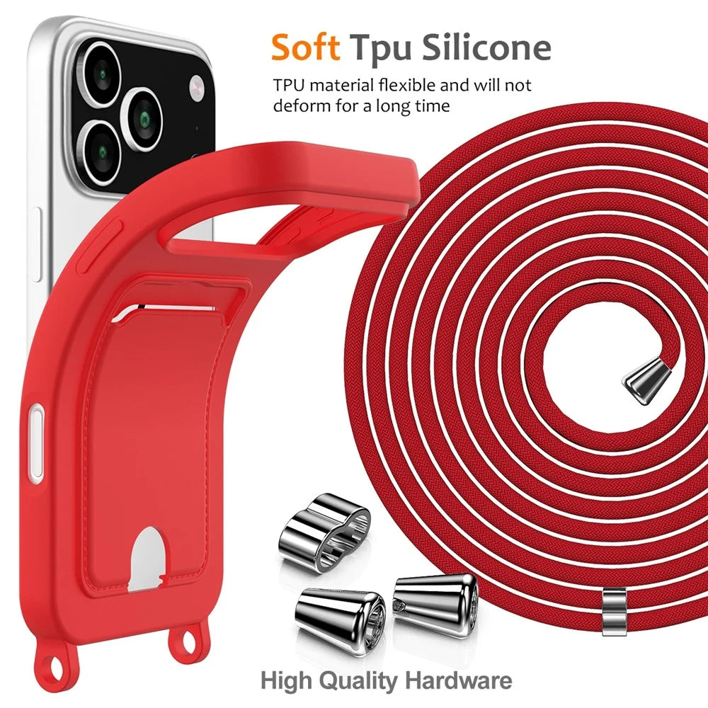 For iPhone 17 Pro Max Case Liquid Silicone Card Holder Back Phone Cover with Lanyard - Red - 7