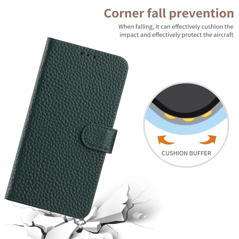 Flip Phone Case For Realme 12 Pro+ 5G  /  12 Pro 5G  /  P1 Pro 5G Wallet Stand Litchi Texture Genuine Cow Leather Cover - Green - 4