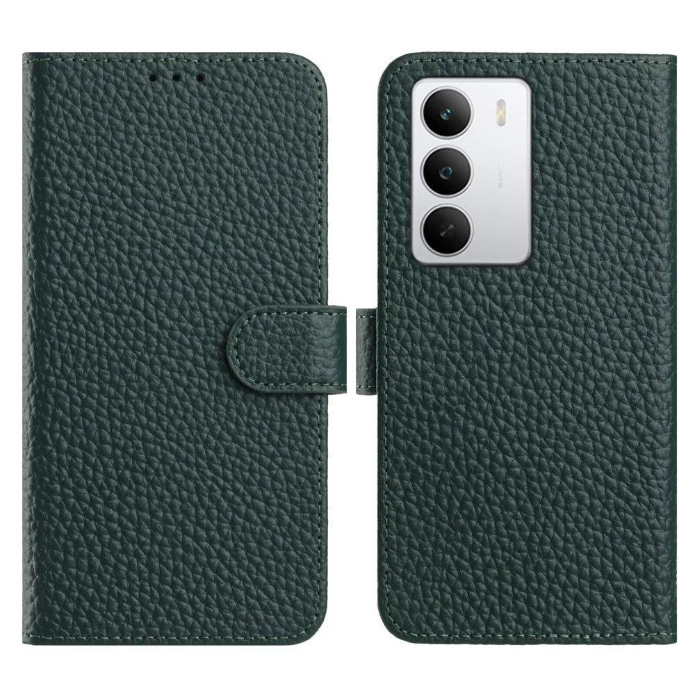 For Realme 14x 5G  /  C75 5G Case Wallet Stand Litchi Texture Genuine Cow Leather Flip Phone Cover - Green - 1