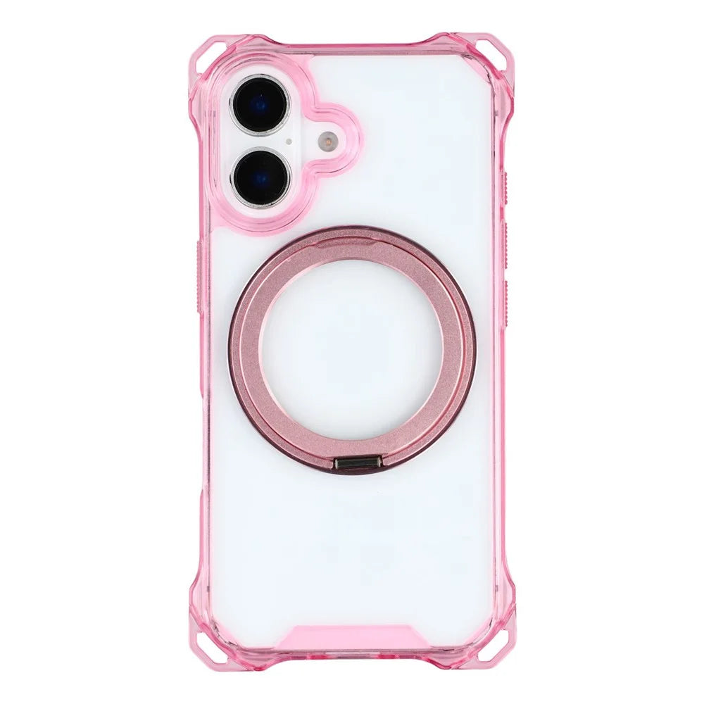 For iPhone 16 Magnetic Case Ring Kickstand TPU + PC Phone Cover - Pink - 3