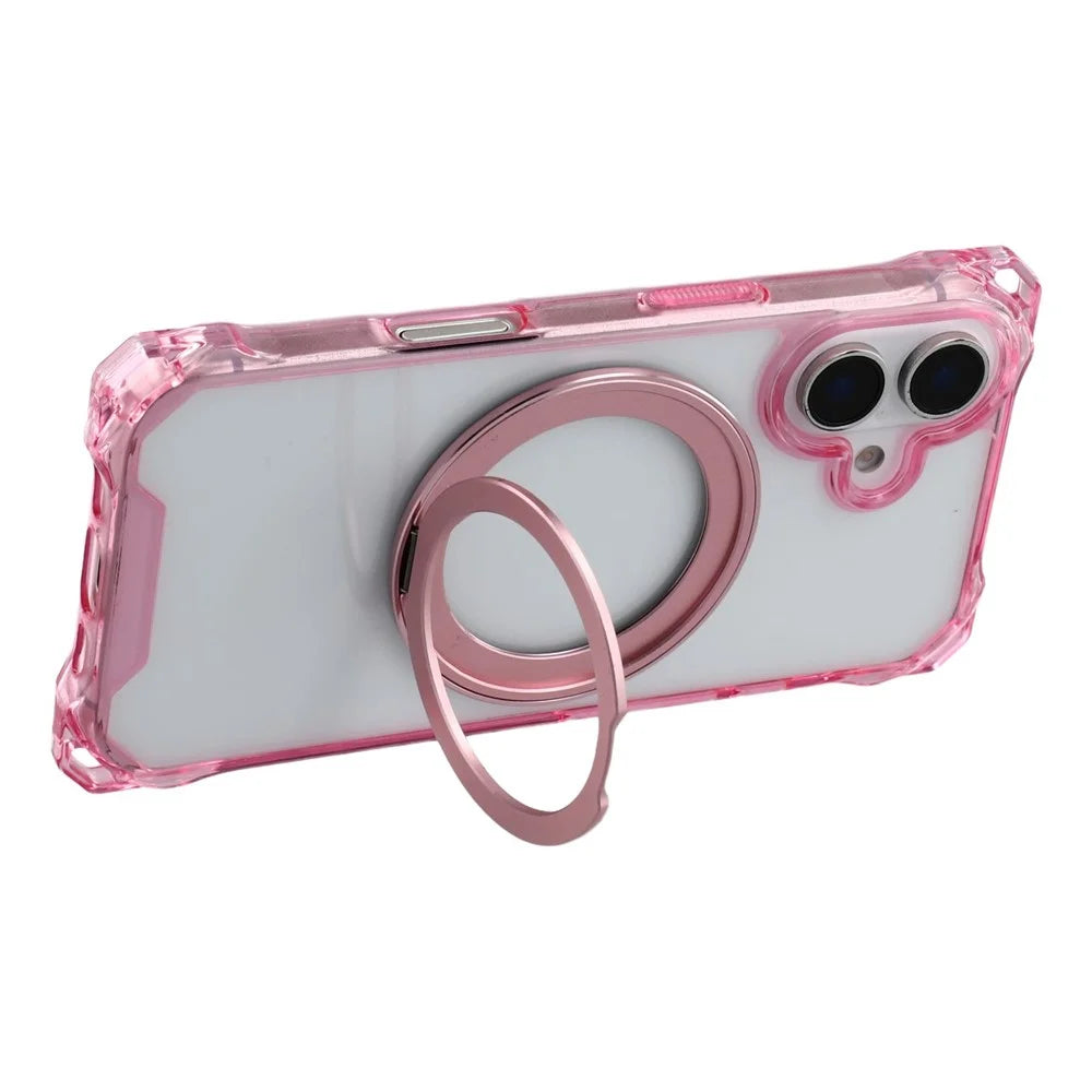 For iPhone 16 Magnetic Case Ring Kickstand TPU + PC Phone Cover - Pink - 4