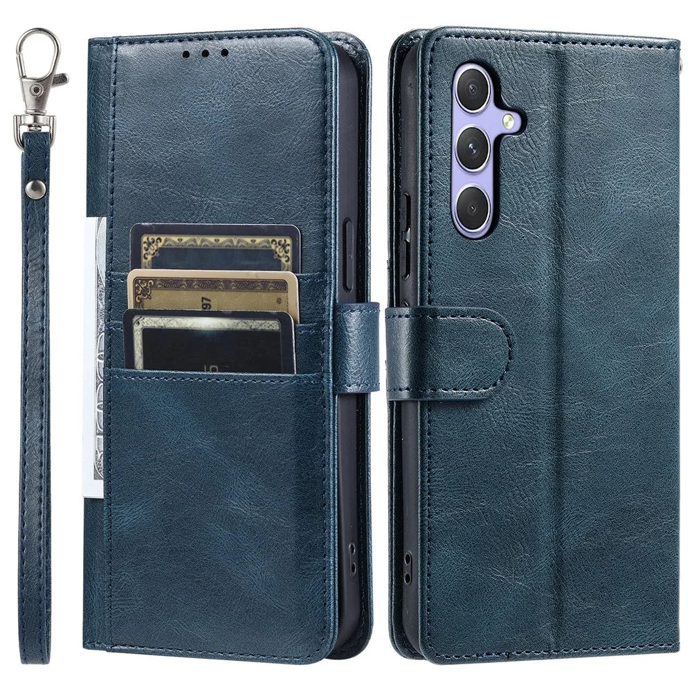 For Samsung Galaxy S25 FE Case 6 Card Slots PU Leather Anti-Fall Phone Cover with Wrist Strap - Blackish Green - 1