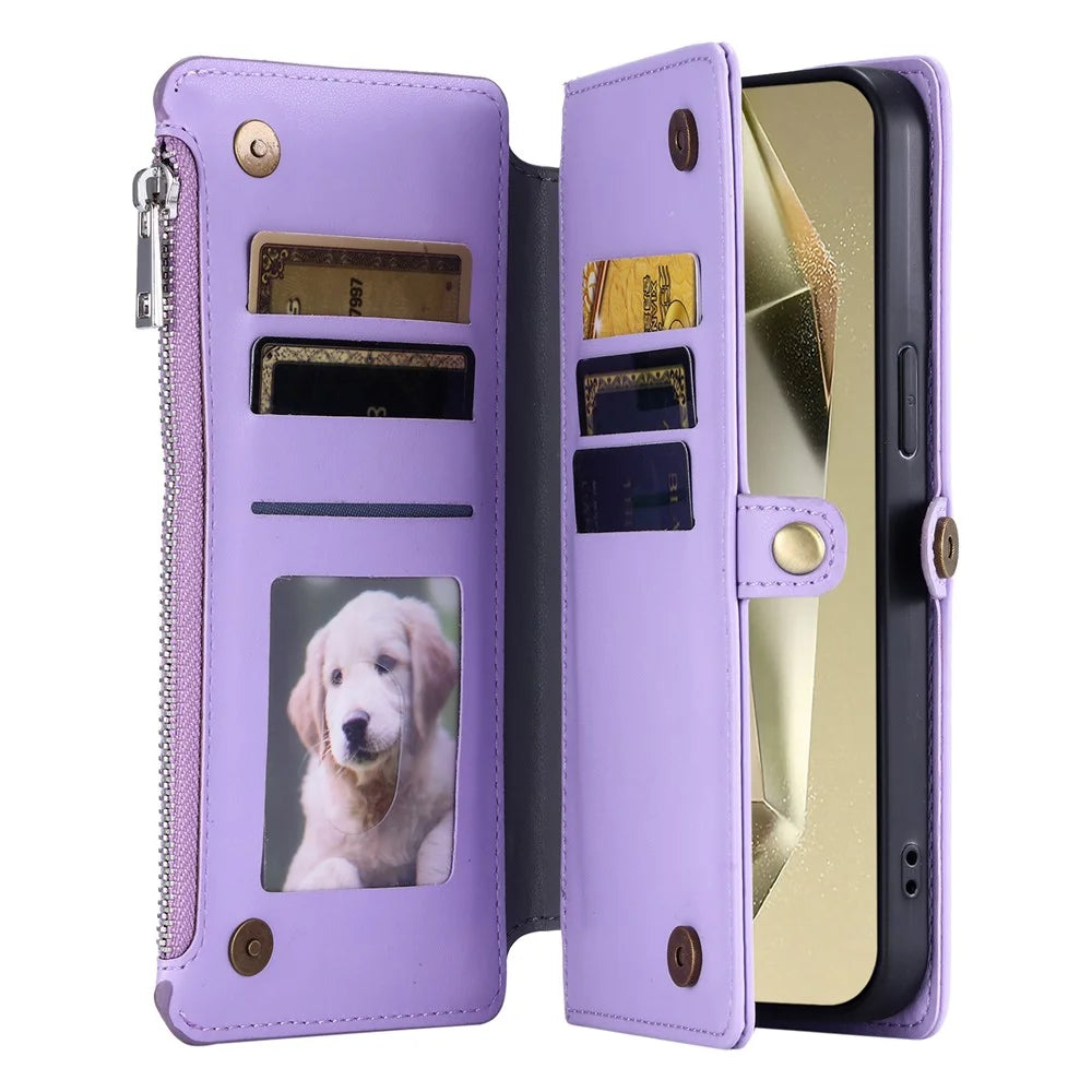 For Samsung Galaxy S25 FE Case TPU + PU Leather Wallet Phone Cover with Wrist Strap - Purple - 3