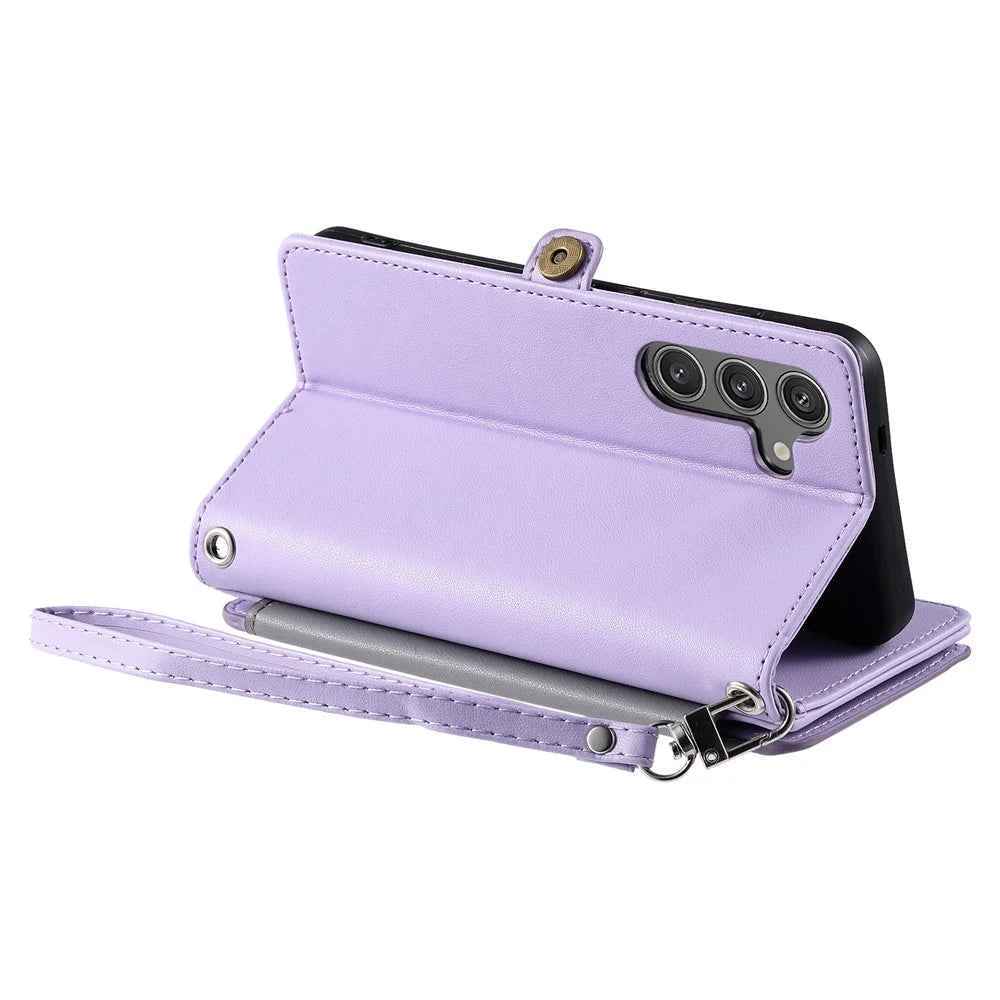 For Samsung Galaxy S25 FE Case TPU + PU Leather Wallet Phone Cover with Wrist Strap - Purple - 5