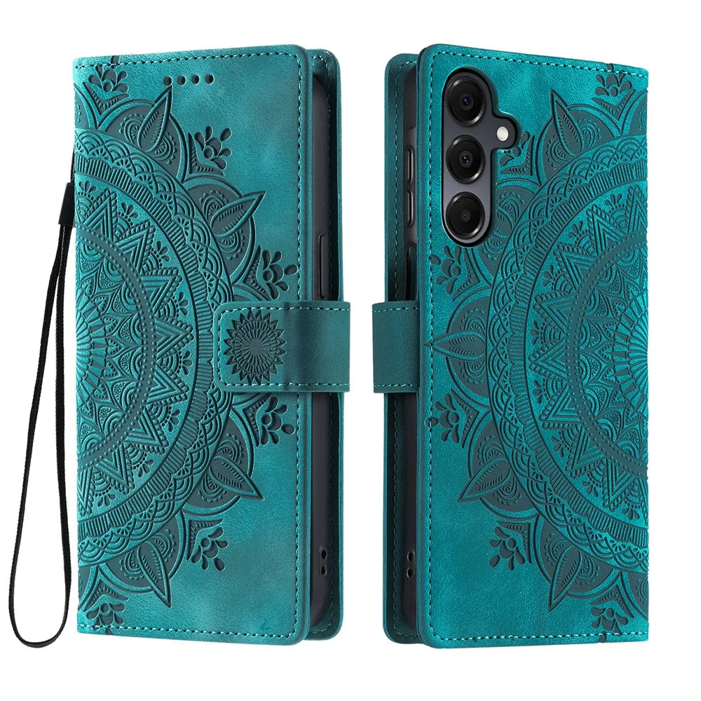 For Samsung Galaxy S25 FE Case Imprinted Totem Skin Feel Wallet Leather Phone Cover with Hand Strap - Mint Green - 1