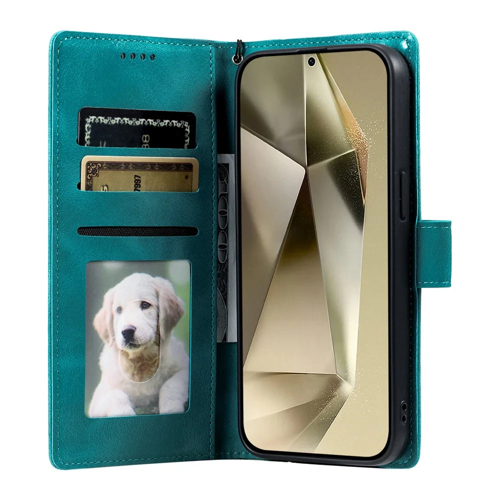 For Samsung Galaxy S25 FE Case Imprinted Totem Skin Feel Wallet Leather Phone Cover with Hand Strap - Mint Green - 2