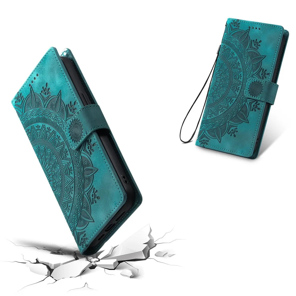 For Samsung Galaxy S25 FE Case Imprinted Totem Skin Feel Wallet Leather Phone Cover with Hand Strap - Mint Green - 6
