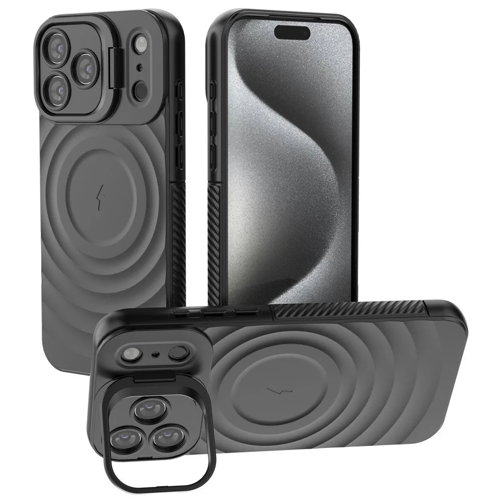 For iPhone 18 Pro Max / 17 Pro Max Case Compatible with MagSafe PC Kickstand Ripple Texture TPU Phone Cover - Black - 1