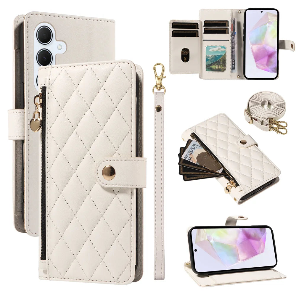 For Samsung Galaxy A35 5G Wallet Case with Straps, Rhombus Leather Stand Phone Cover - White - 1