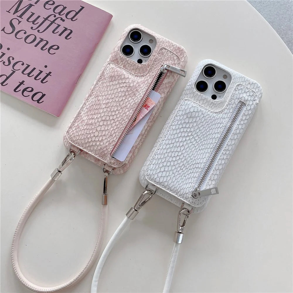 For iPhone 15 Pro Case Zipper Card Holder Mirror Snake Texture PU + PC Back Cover with Lanyard - White - 3