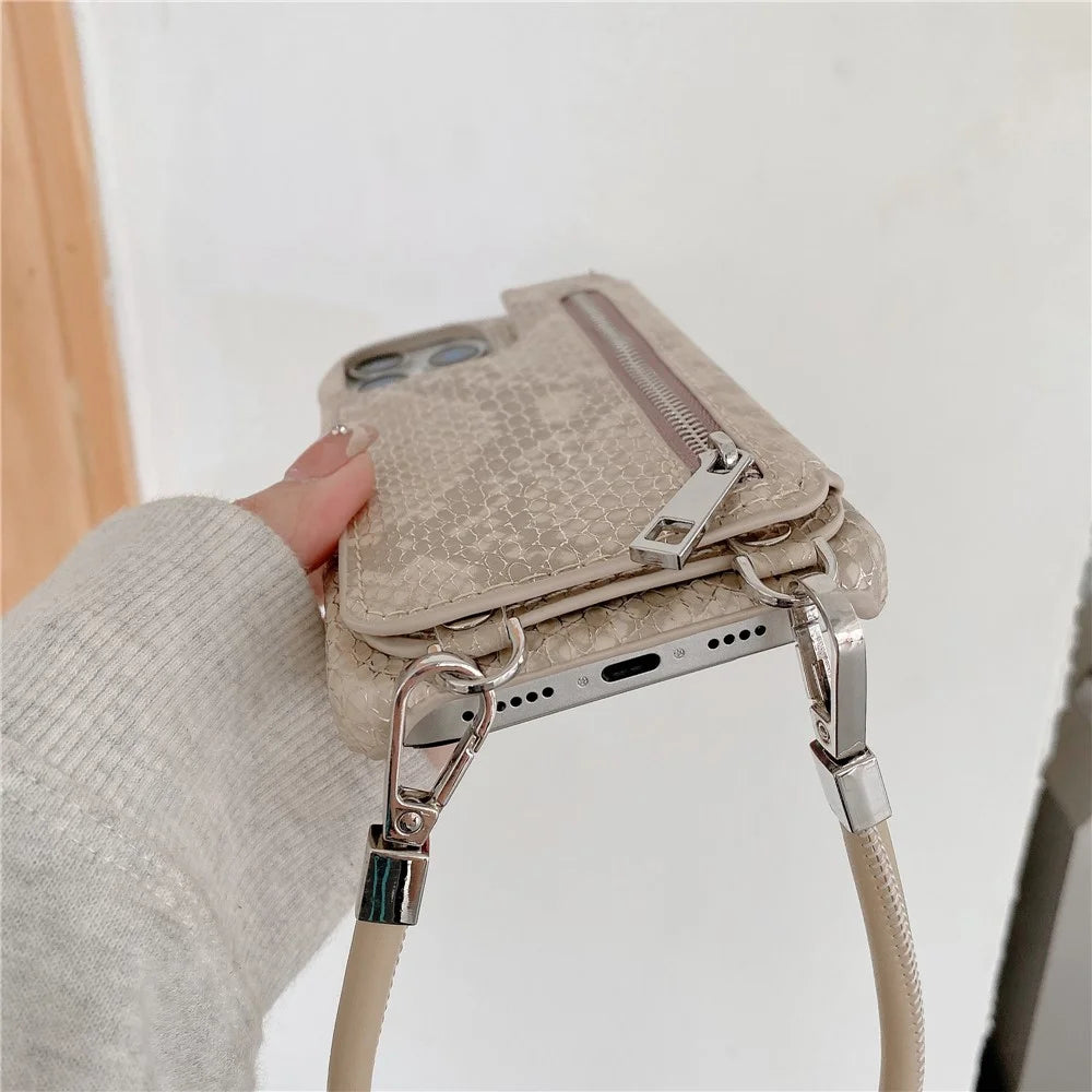 For iPhone 15 Pro Case Zipper Card Holder Mirror Snake Texture PU + PC Back Cover with Lanyard - White - 6