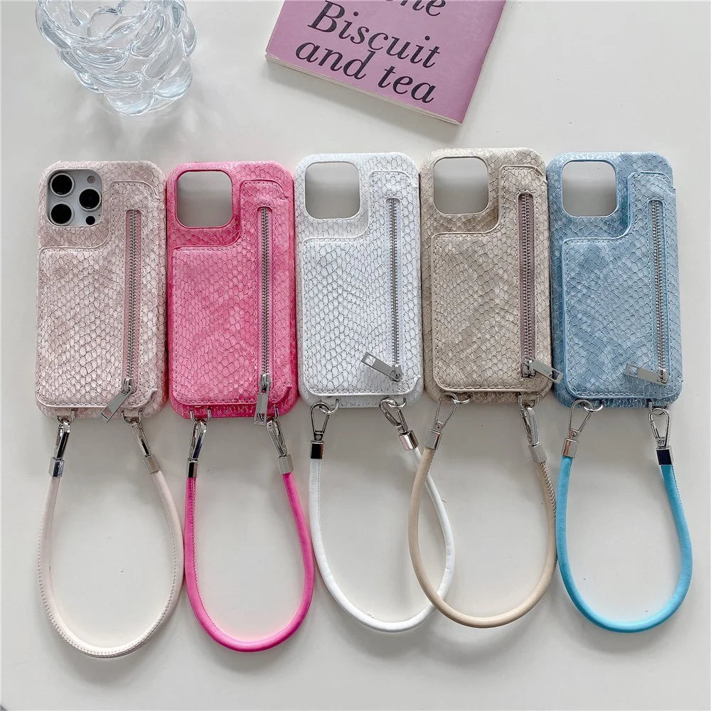 For iPhone 15 Pro Case Zipper Card Holder Mirror Snake Texture PU + PC Back Cover with Lanyard - White - 7